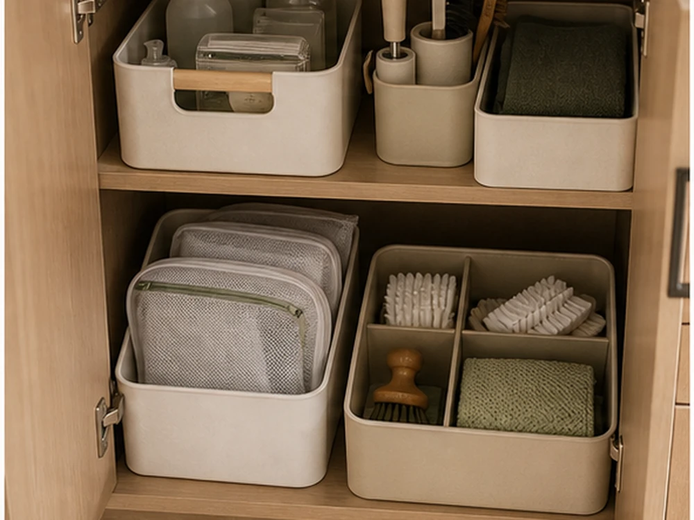 small apartment laundry room cabinet organization lower stain kit bins