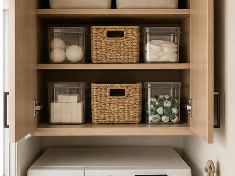 small apartment laundry room cabinet organization over washer laundry baskets