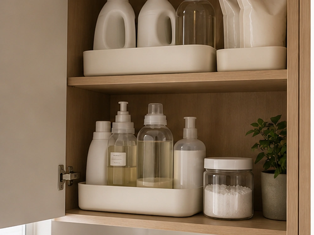 small apartment laundry room cabinet organization upper detergent trays