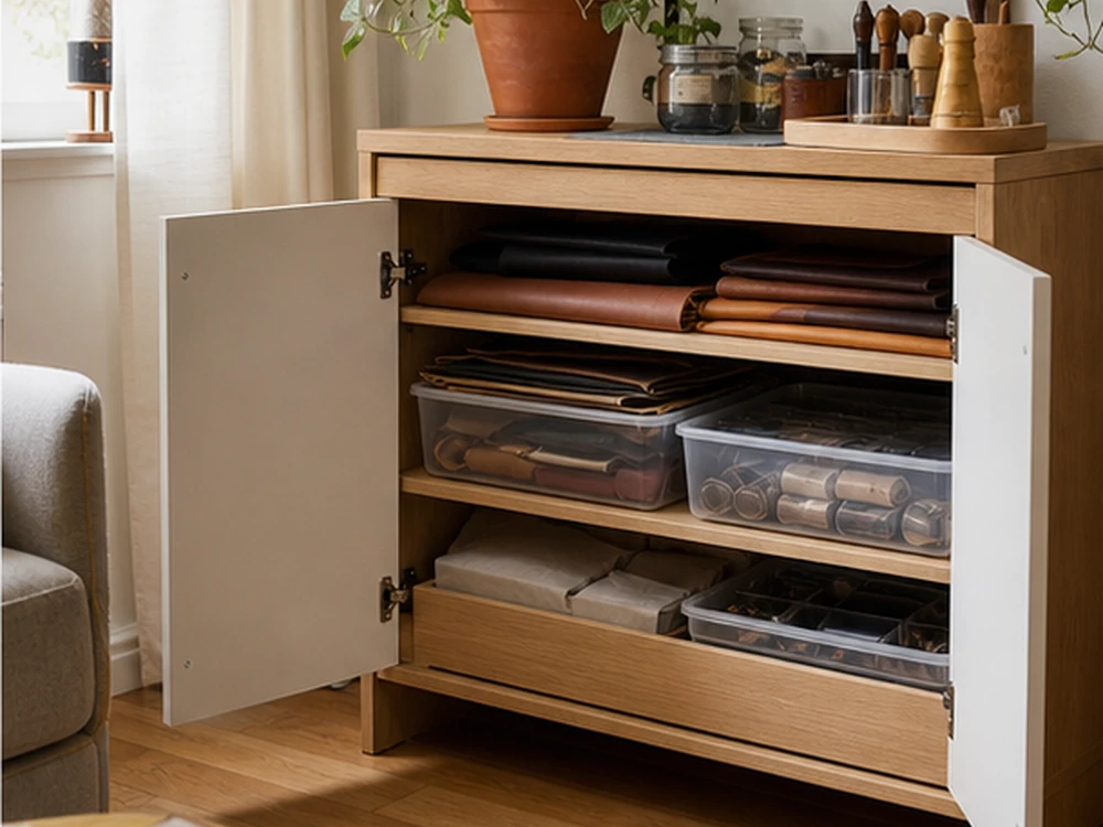 small apartment leather crafting supplies storage ideas showing t08 overview