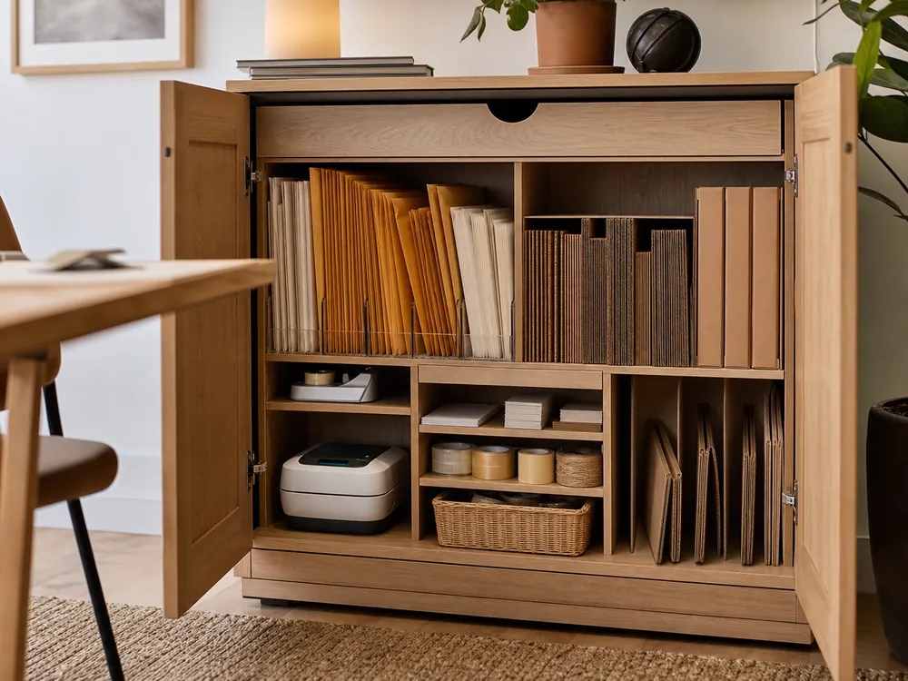 small apartment mailing supplies storage ideas showing mailing supply cabinet