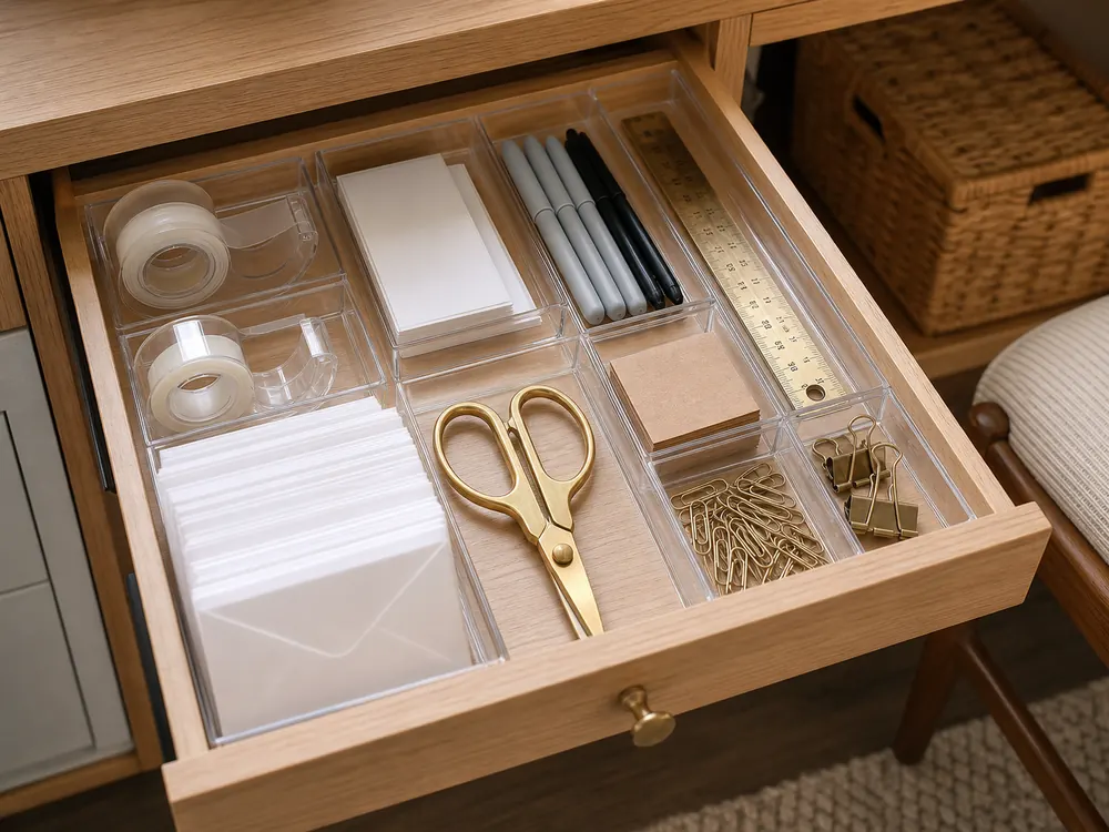 small apartment mailing supplies storage ideas showing mailing supply drawer