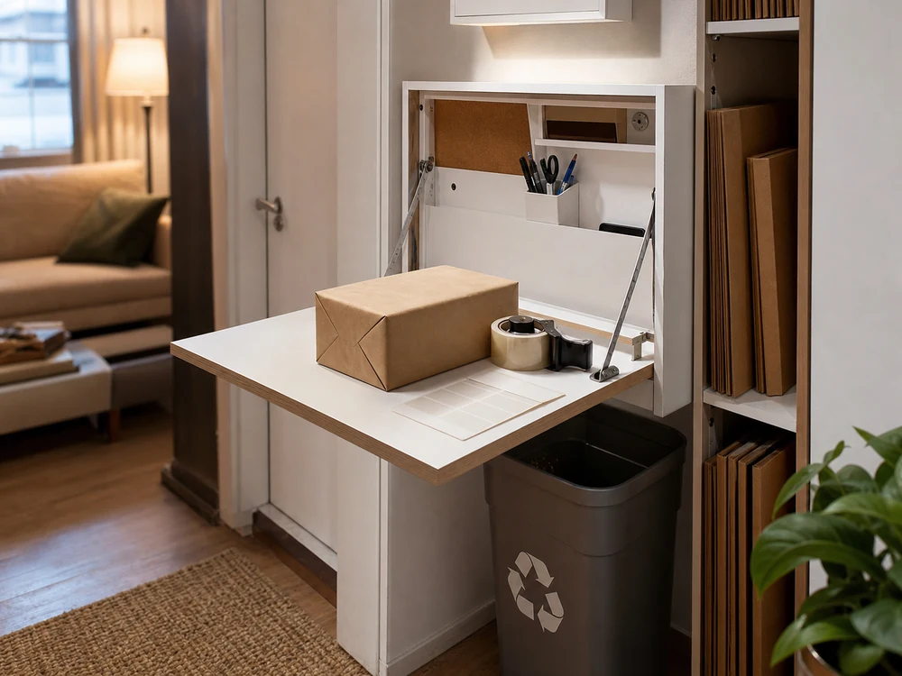 small apartment mailing supplies storage ideas showing mailing workstation