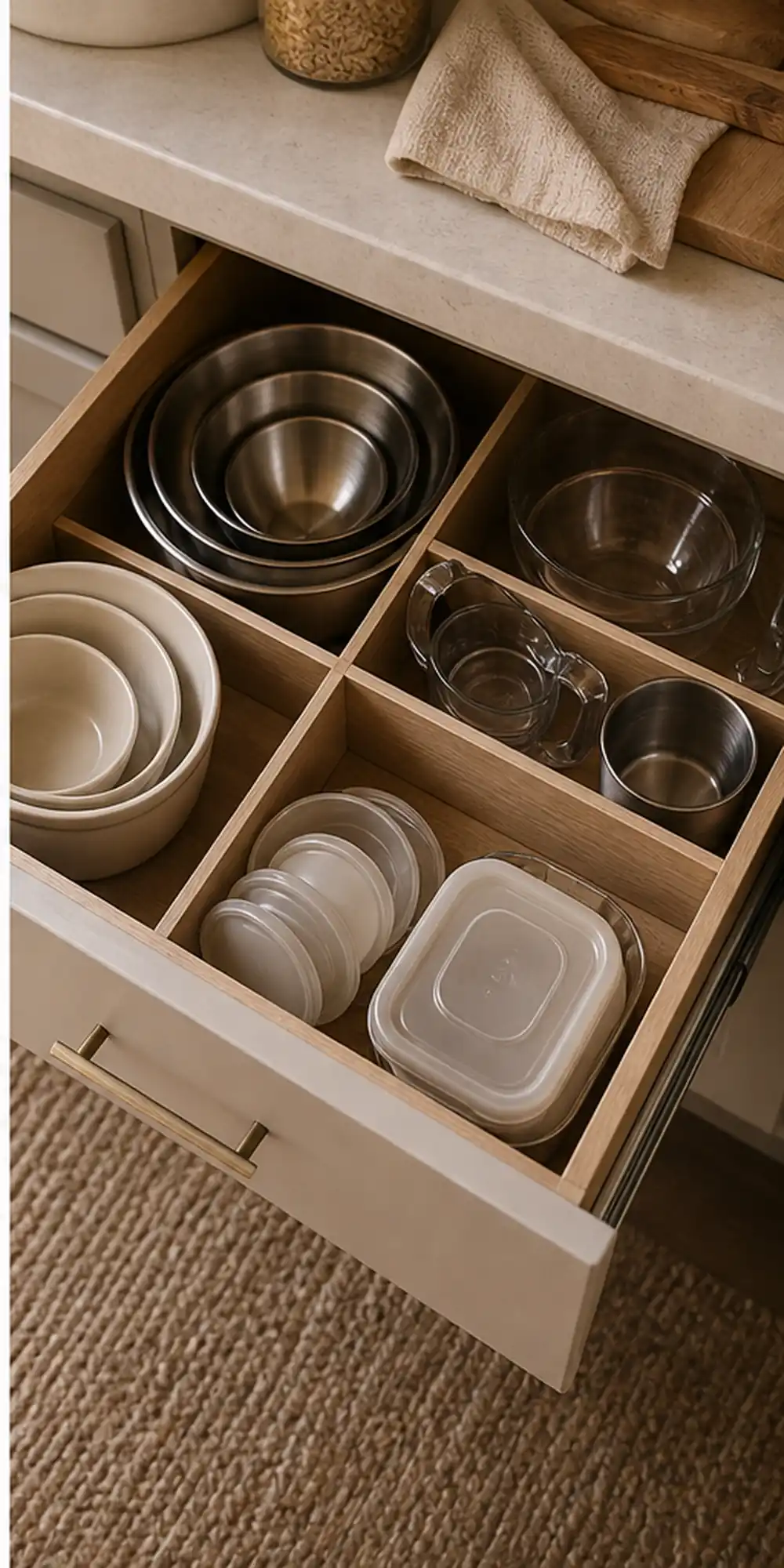 small apartment mixing bowl storage deep drawer mixing bowl zone