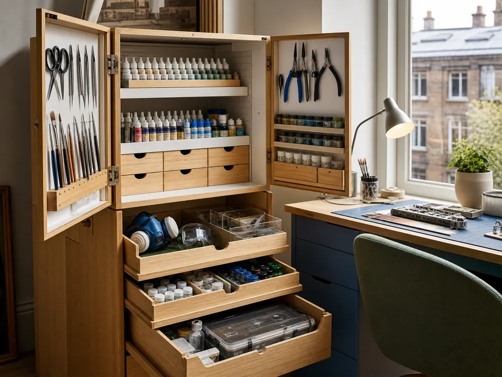 small apartment model making supplies storage ideas showing model making cabinet