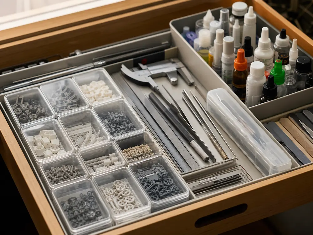 small apartment model making supplies storage ideas showing model parts drawer