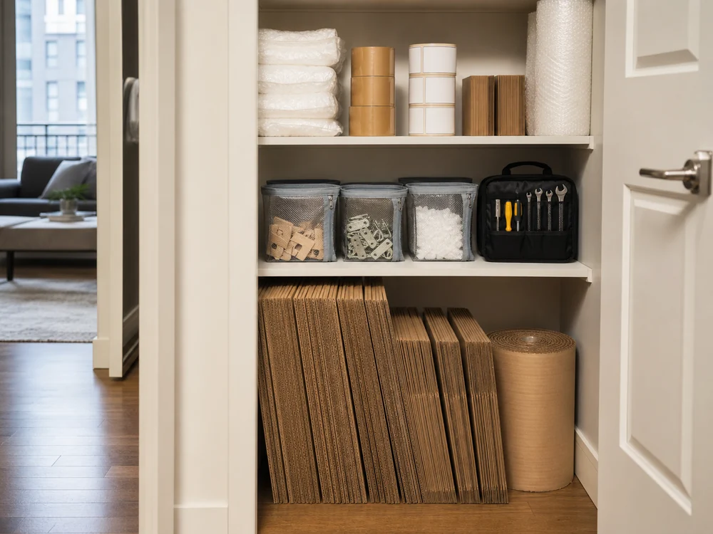 small apartment moving supplies storage ideas showing moving closet