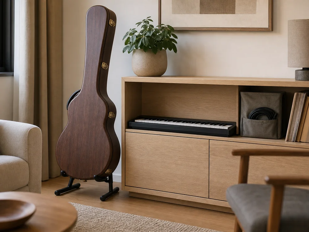 small apartment musical instrument storage ideas showing living room instrument storage