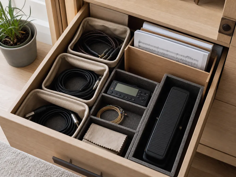 small apartment musical instrument storage ideas showing music cable accessory drawer