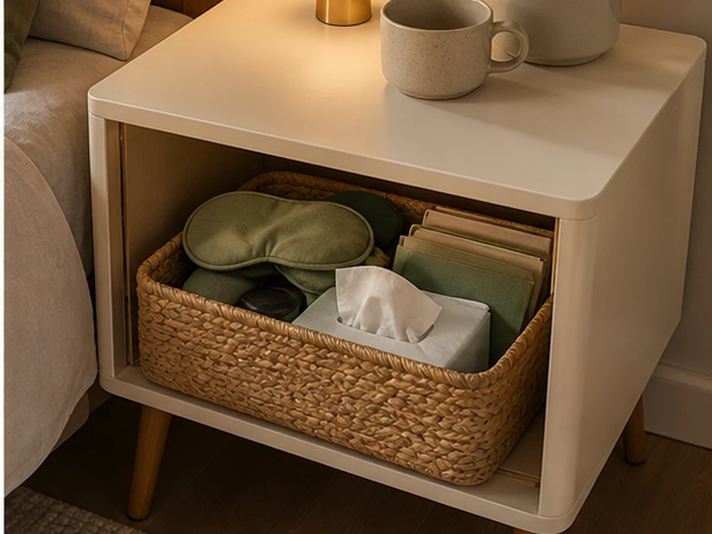 small apartment nightstand organization ideas clear top nightstand basket