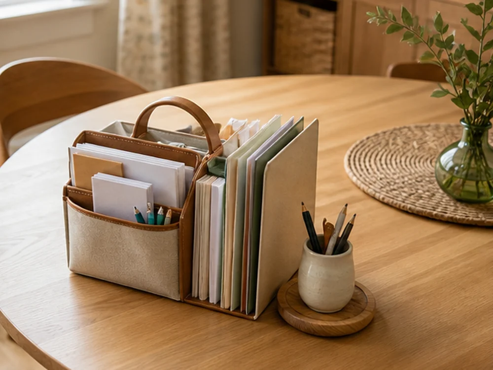 small apartment paper clutter organization portable paper caddy