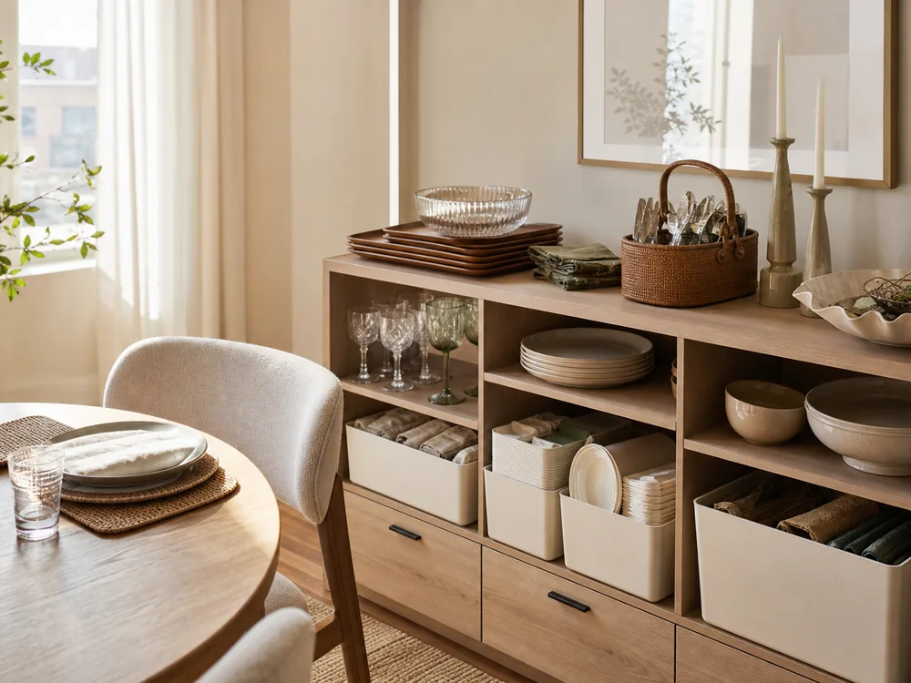 small apartment party supplies storage ideas showing party supplies sideboard