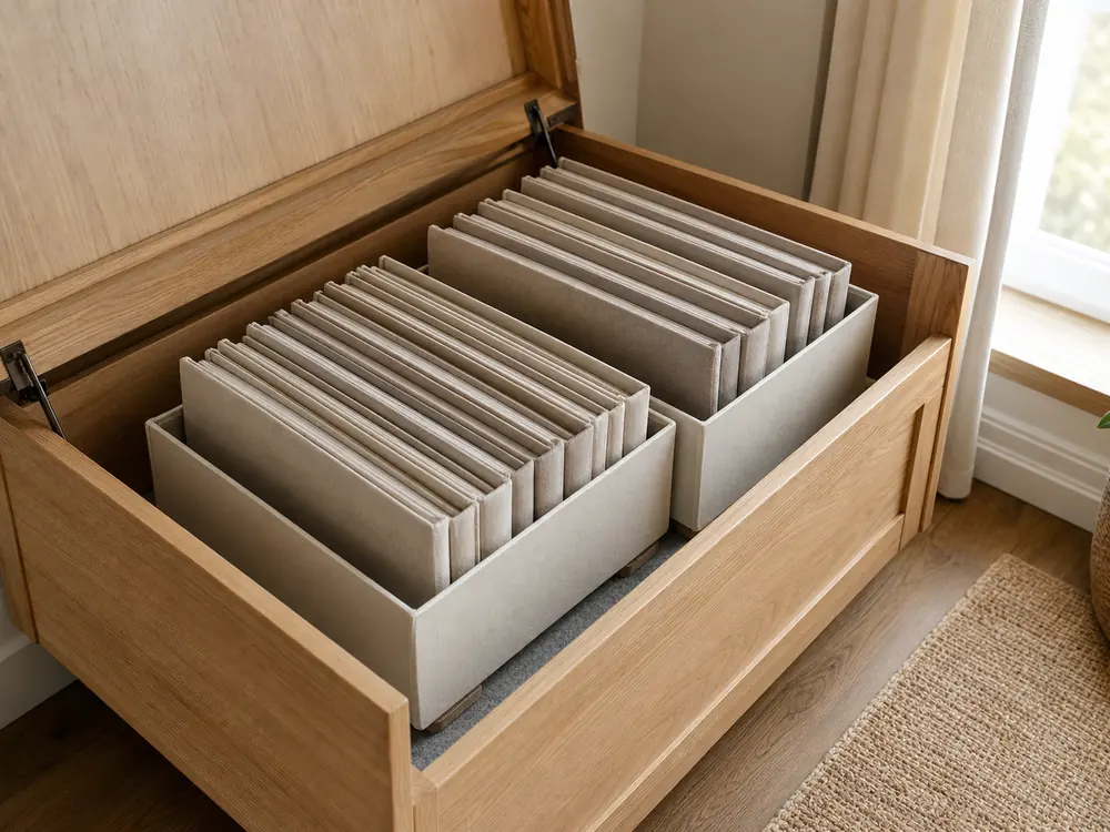 small apartment photo album storage ideas showing photo album storage bench
