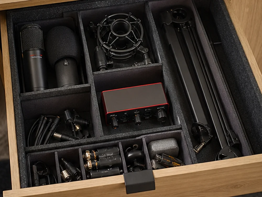small apartment podcast equipment storage ideas showing t18 detail