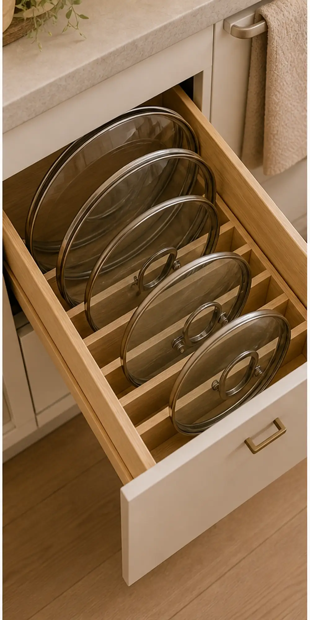 small apartment pot lid storage ideas deep drawer pot lid slots