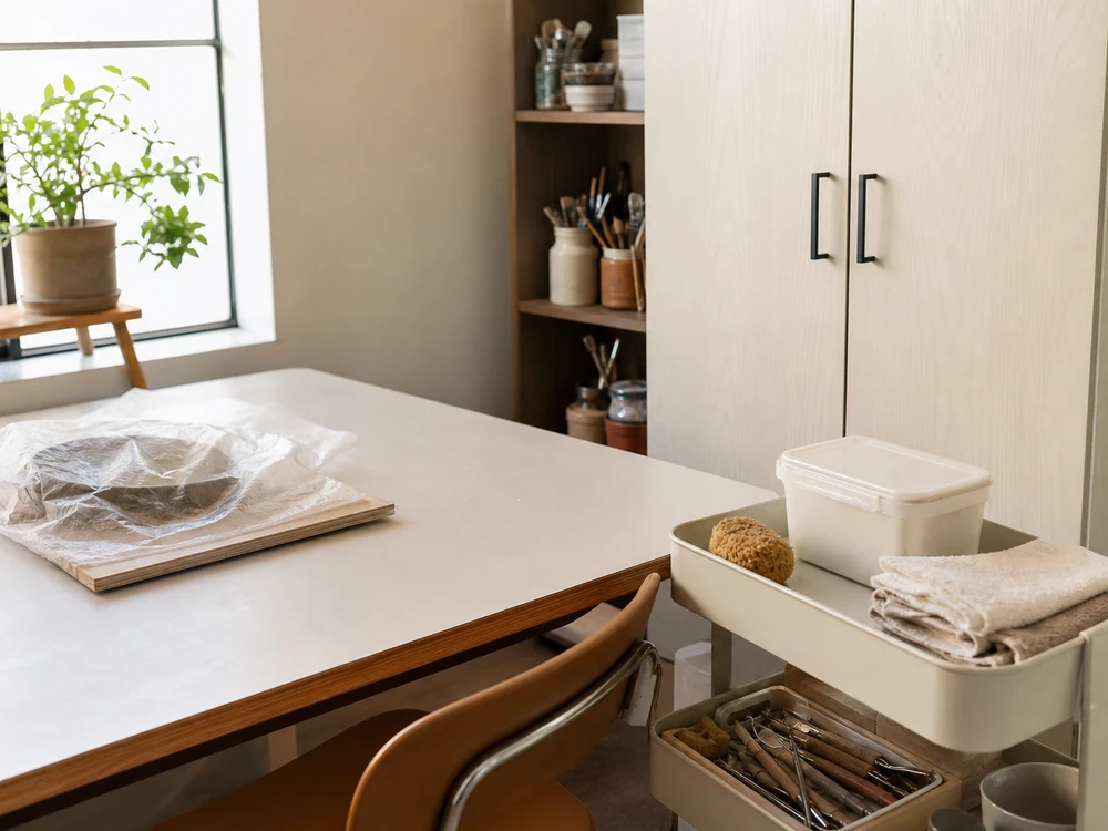 small apartment pottery supplies storage ideas showing pottery project reset