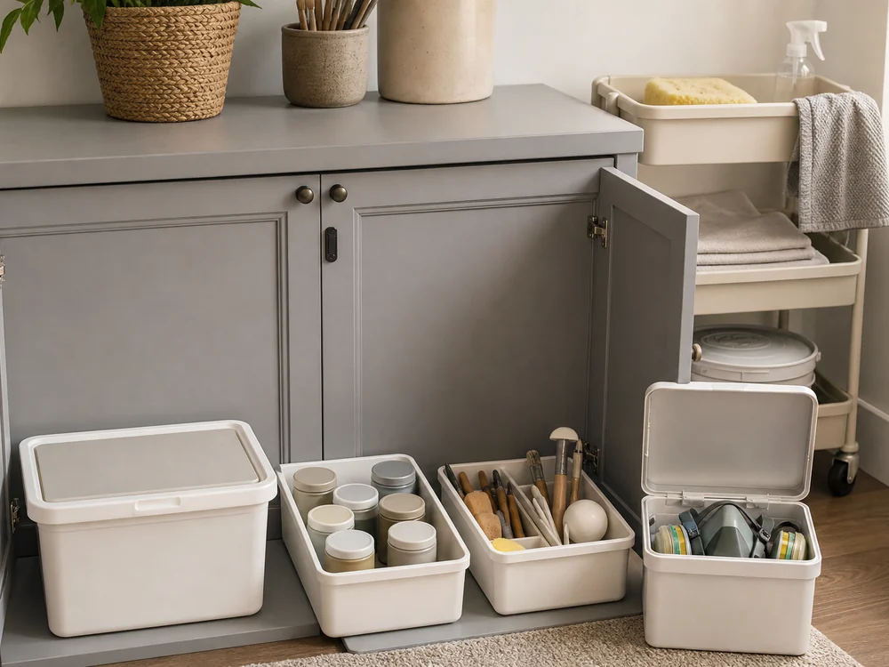 small apartment pottery supplies storage ideas showing pottery supplies containment