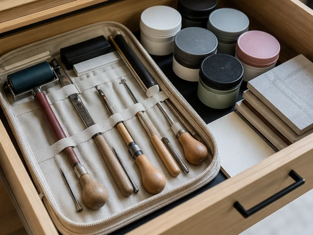small apartment printmaking supplies storage ideas showing t30 detail