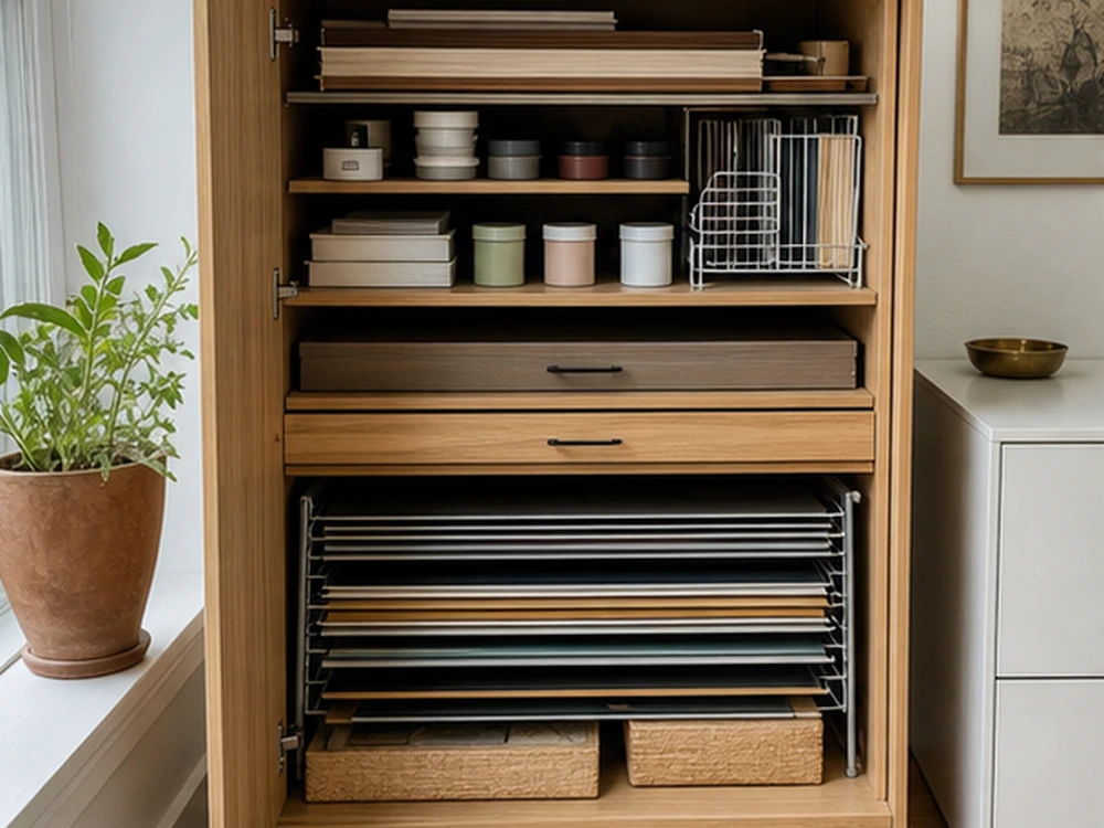 small apartment printmaking supplies storage ideas showing t30 overview