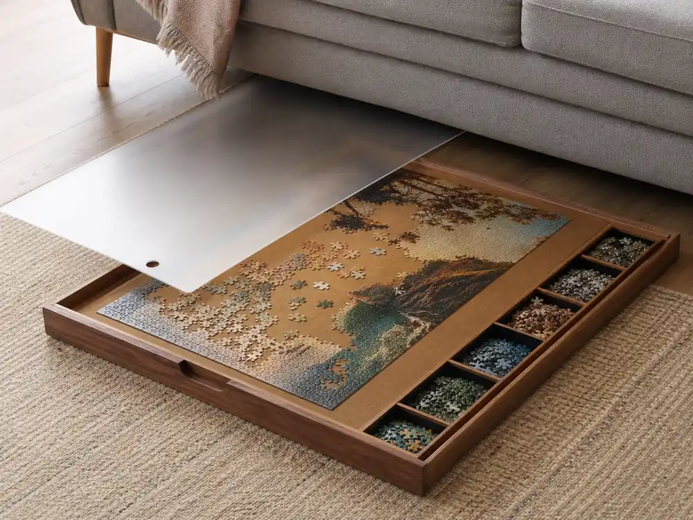 small apartment puzzle storage ideas showing puzzle board drawer