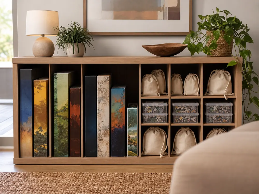 small apartment puzzle storage ideas showing puzzle cabinet