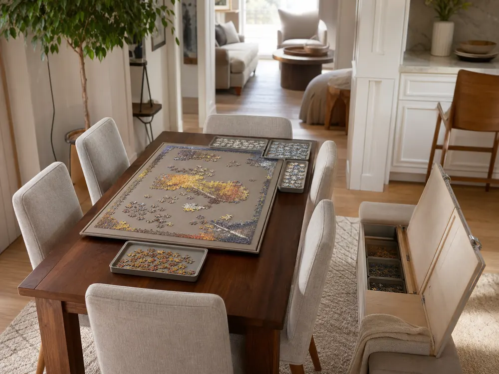 small apartment puzzle storage ideas showing puzzle table reset