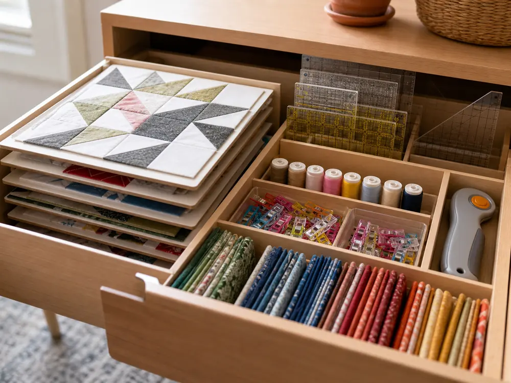 small apartment quilting supplies storage ideas showing quilting project drawer