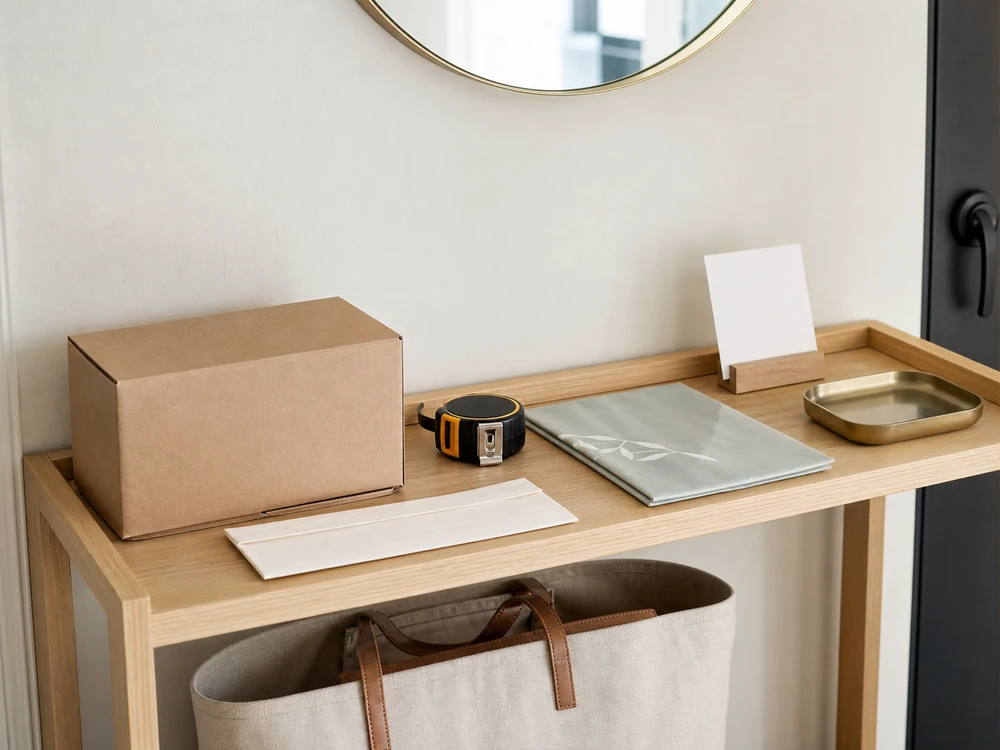 small apartment returns station ideas showing returns shelf tools