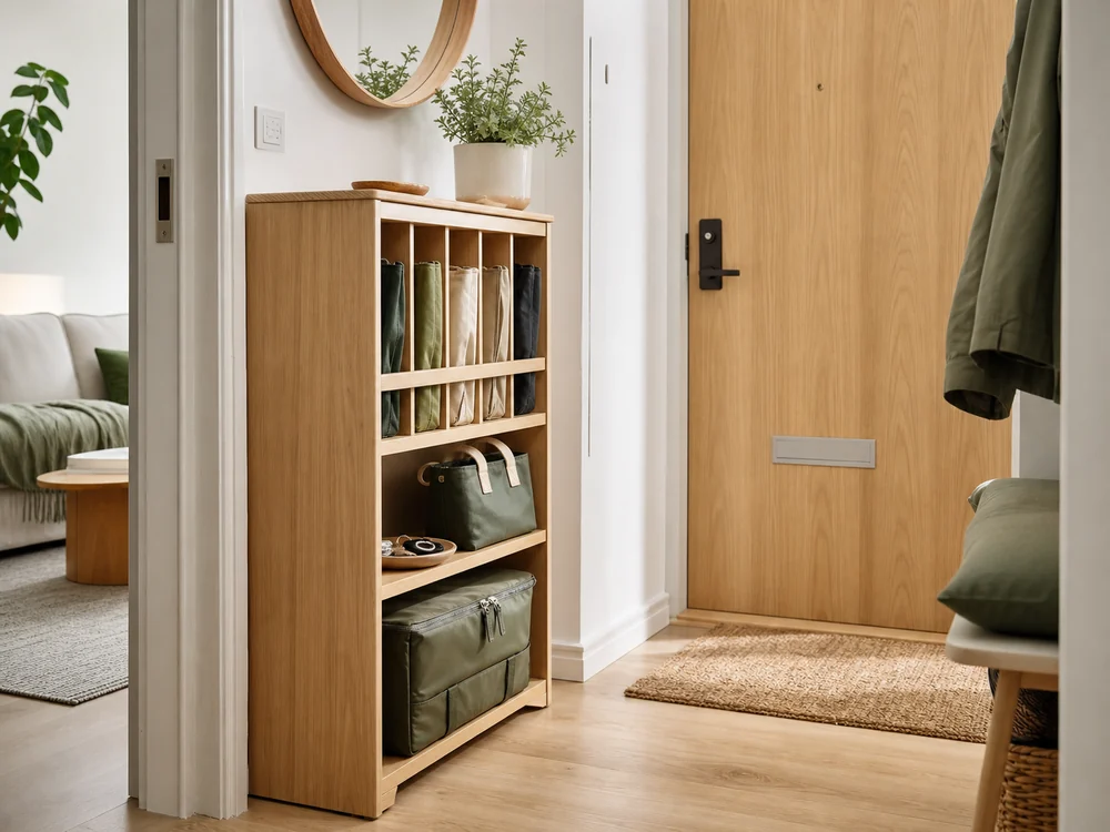 small apartment reusable shopping bag storage ideas showing entryway shopping bag cabinet