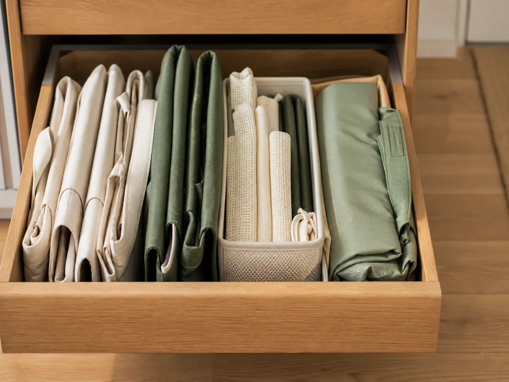 small apartment reusable shopping bag storage ideas showing file folded reusable bags