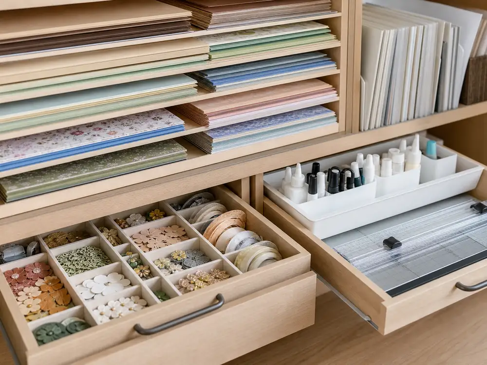 small apartment scrapbook supplies storage ideas showing scrapbook paper drawer