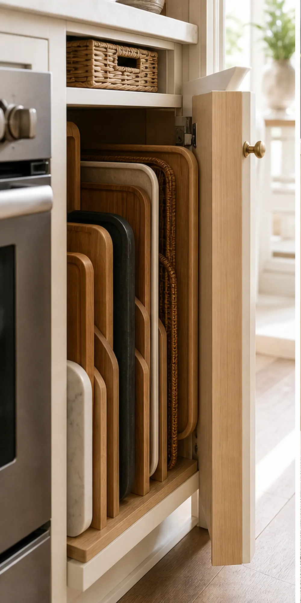 small apartment serving tray storage vertical serving tray divider