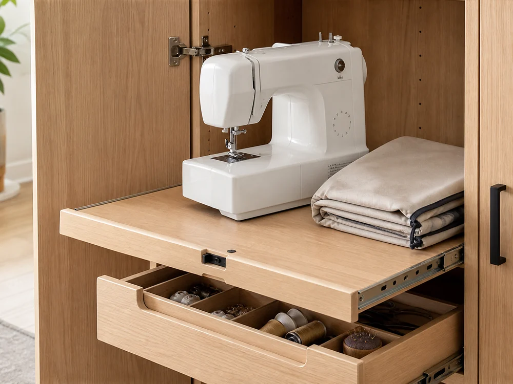 small apartment sewing machine storage ideas showing pull out machine shelf