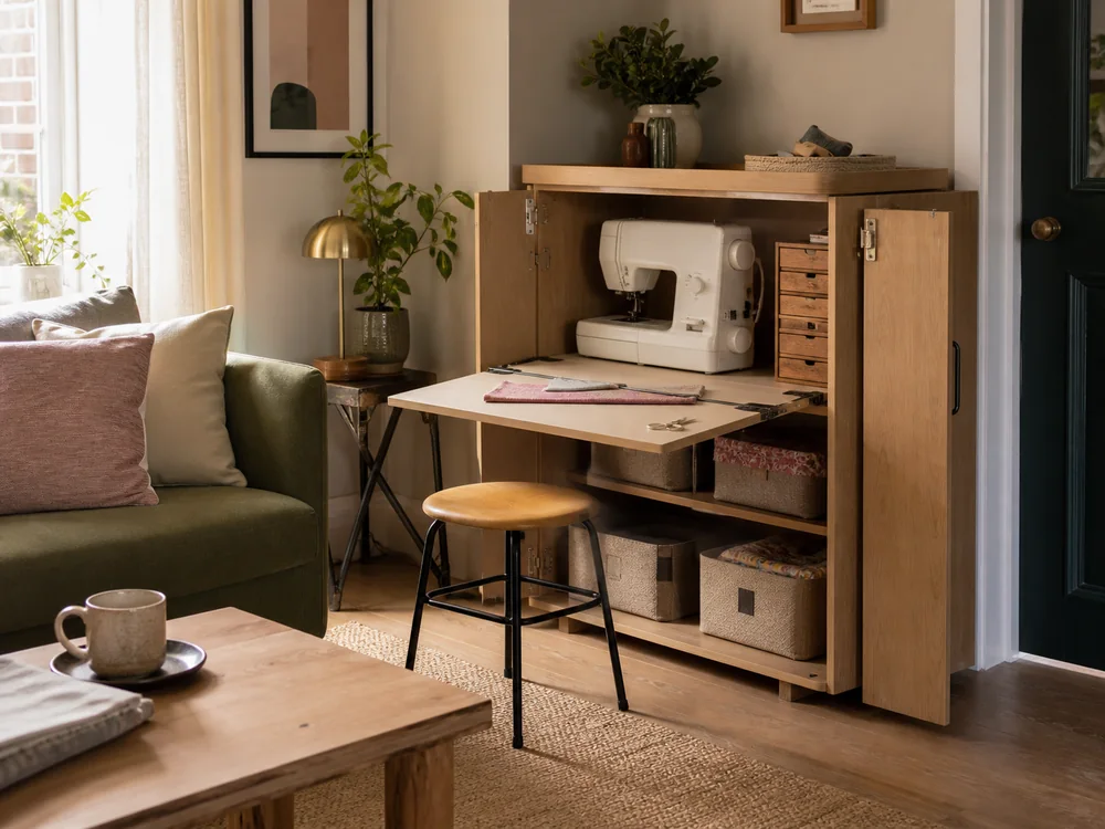 small apartment sewing machine storage ideas showing sewing cabinet workstation