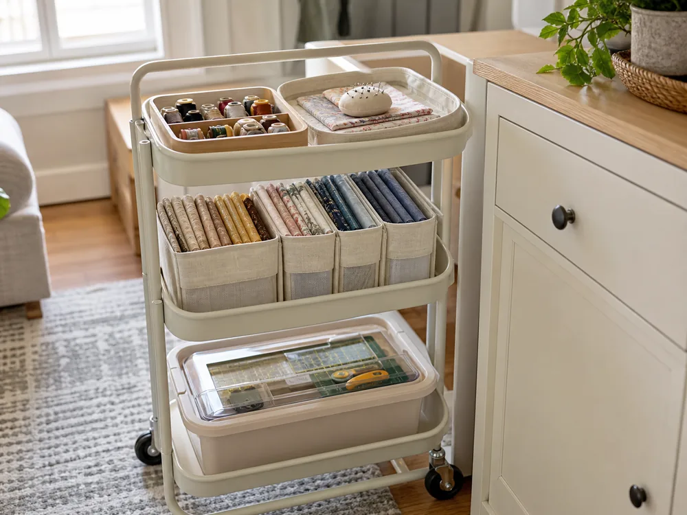 small apartment sewing machine storage ideas showing sewing project reset cart