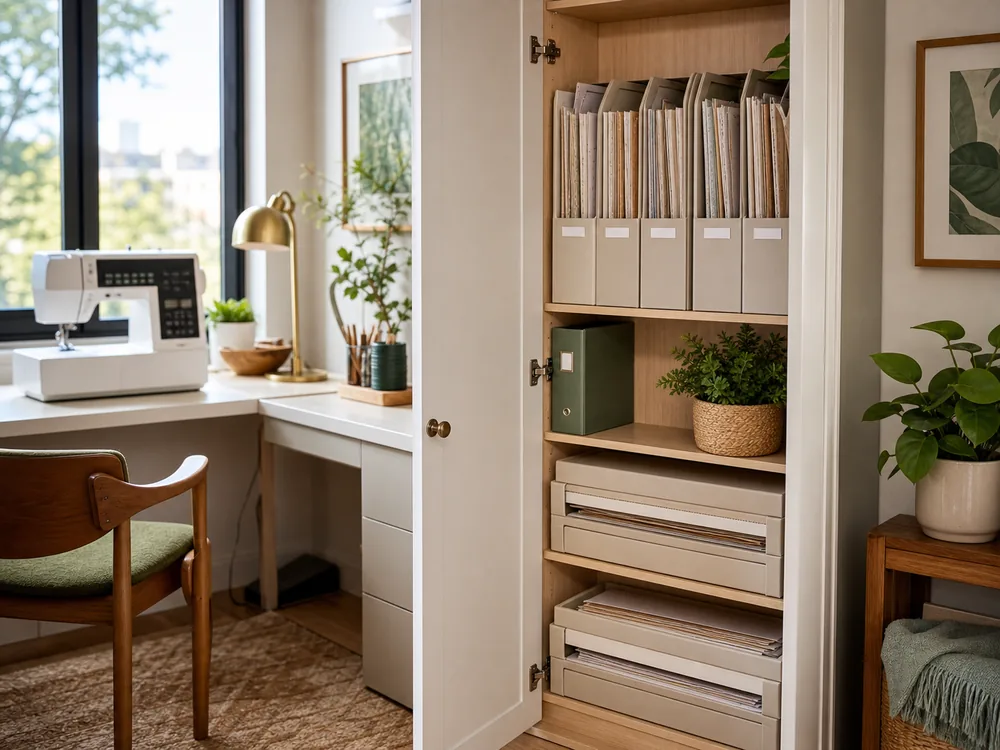 small apartment sewing pattern storage ideas showing sewing pattern cabinet