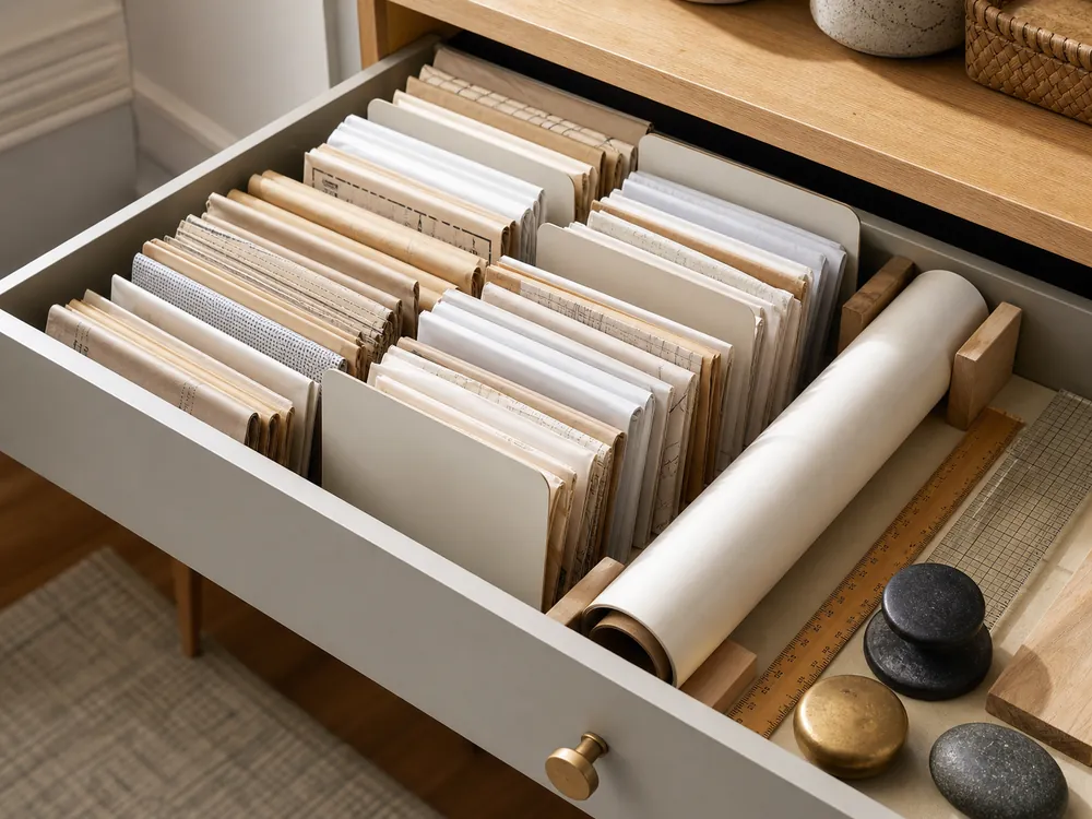 small apartment sewing pattern storage ideas showing sewing pattern drawer