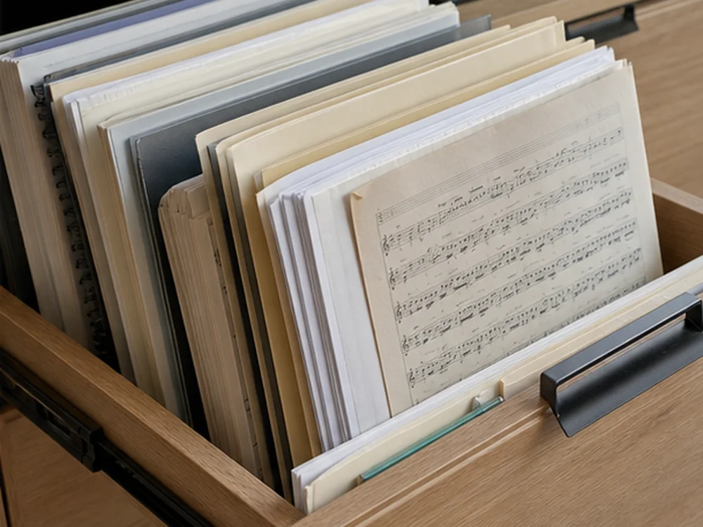 small apartment sheet music storage ideas showing t16 detail