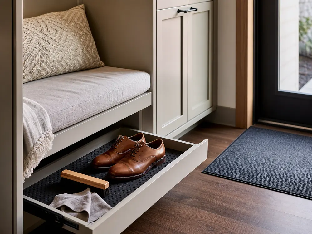 small apartment shoe care supplies storage ideas showing shoe care bench