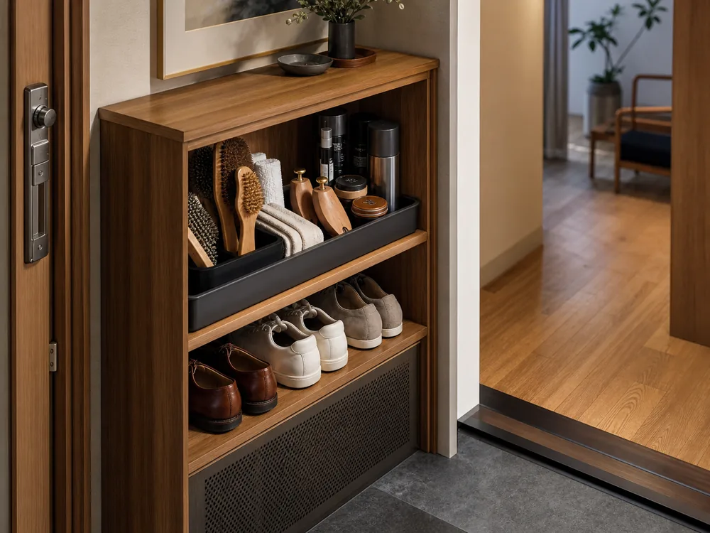 small apartment shoe care supplies storage ideas showing shoe care cabinet