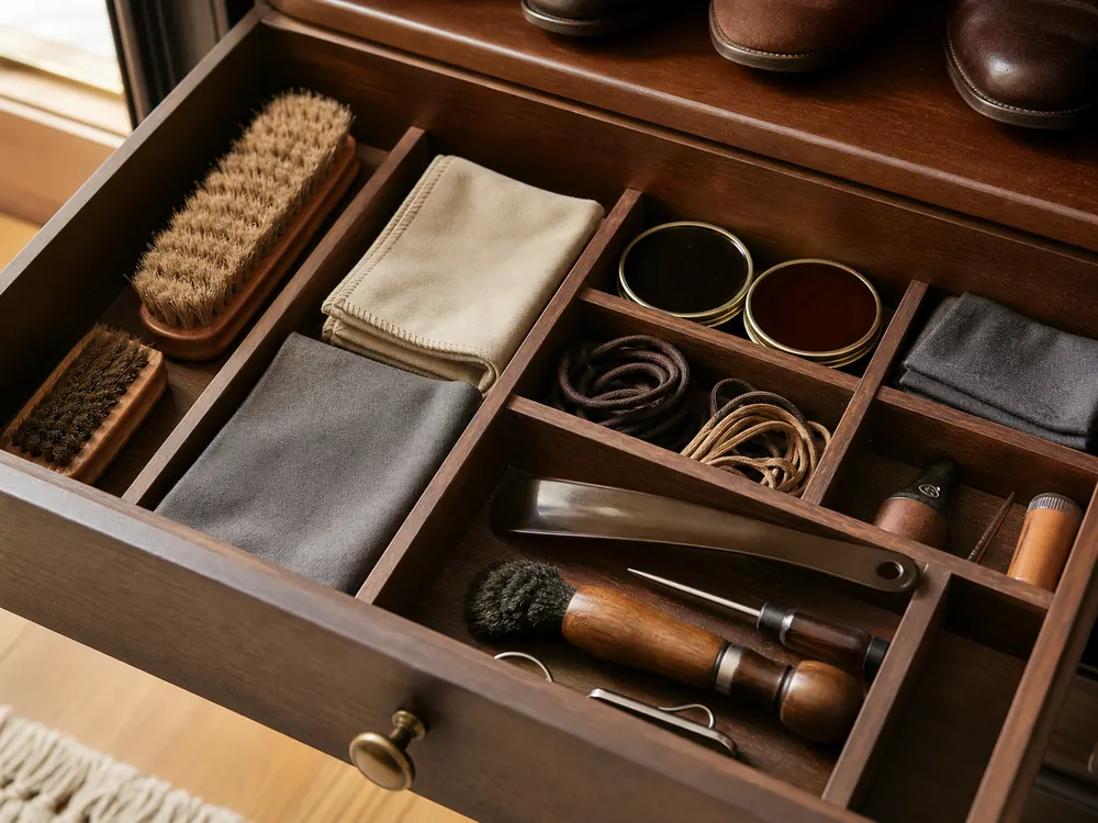 small apartment shoe care supplies storage ideas showing shoe care drawer