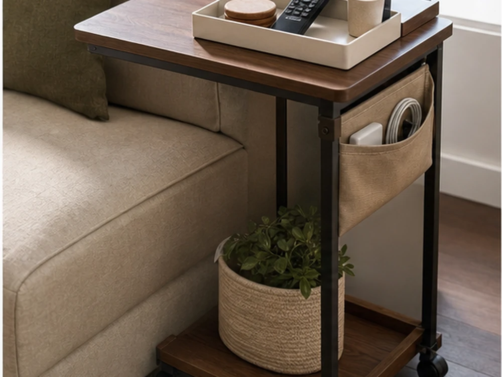 small apartment side table storage ideas shown with sofa rolling side table