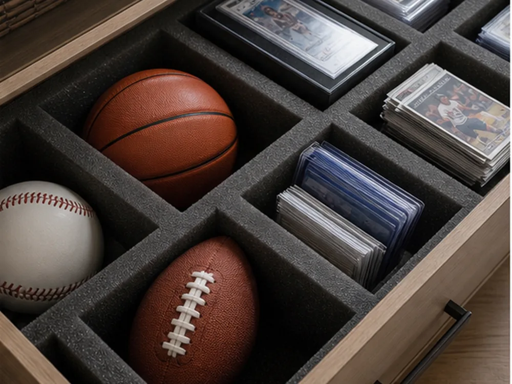 small apartment sports memorabilia storage ideas showing t11 detail