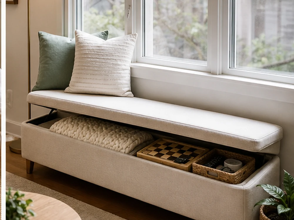 small apartment storage bench ideas shown with living room window storage bench