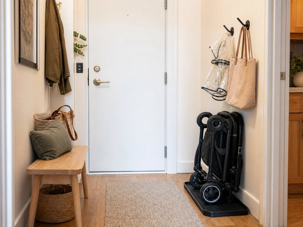 small apartment stroller storage ideas showing folded stroller entry