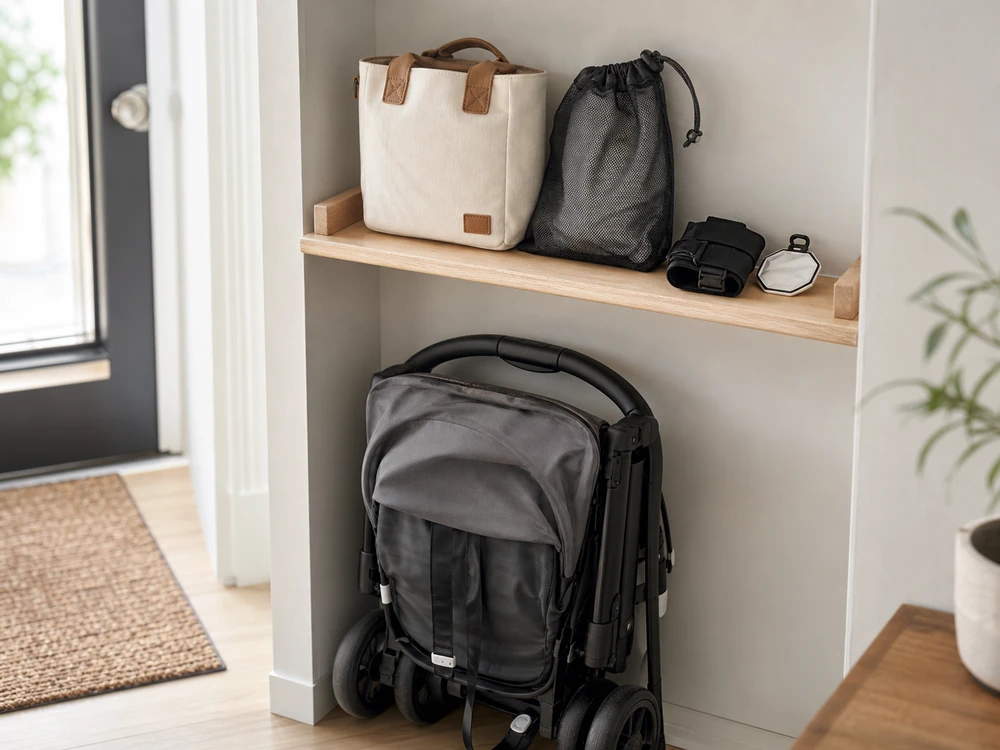 small apartment stroller storage ideas showing stroller accessory shelf
