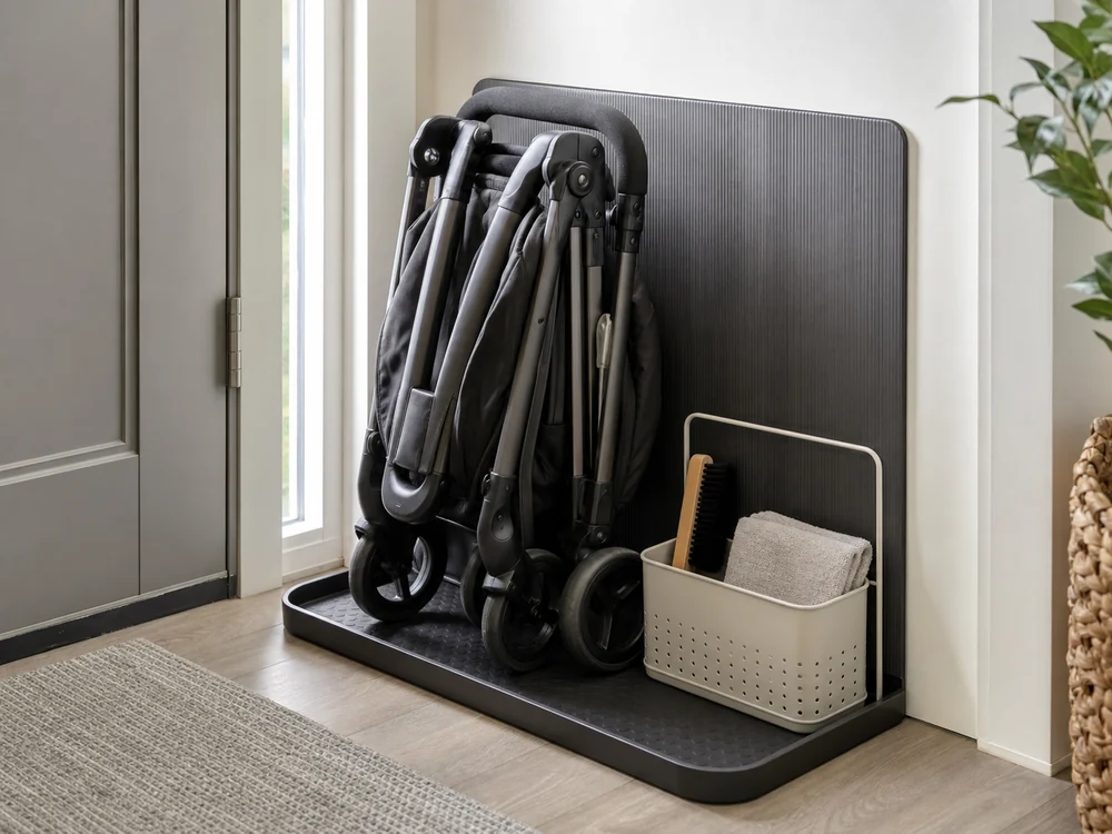 small apartment stroller storage ideas showing stroller wheel care station