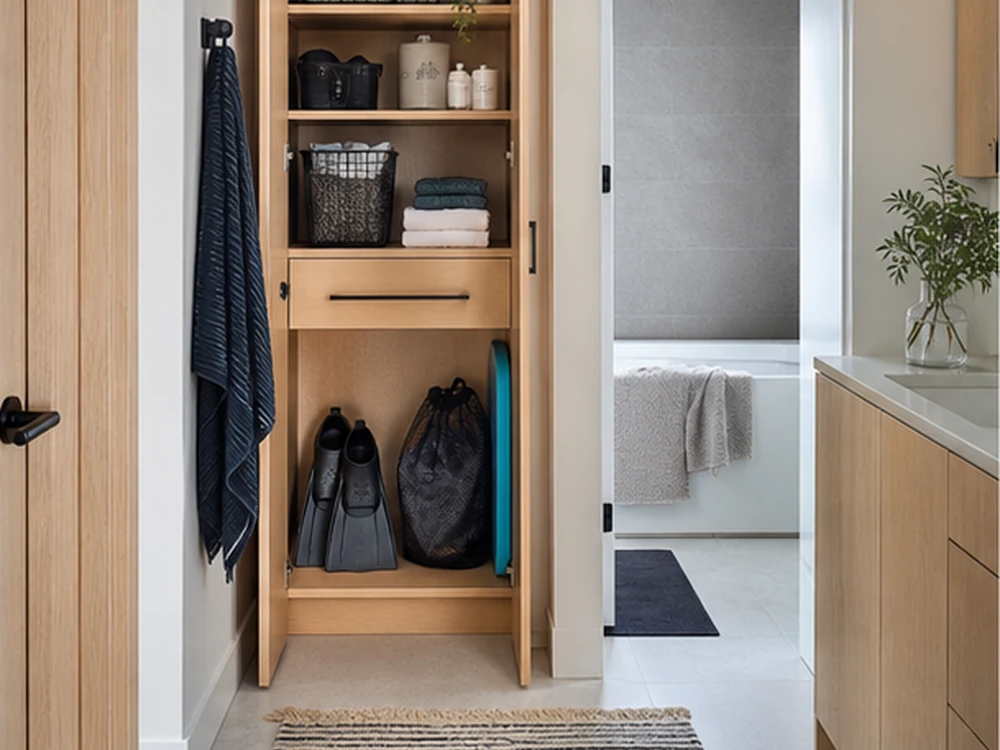 small apartment swimming gear storage ideas showing t24 overview