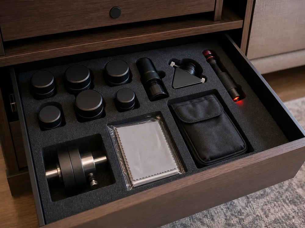 small apartment telescope storage ideas showing telescope optics drawer