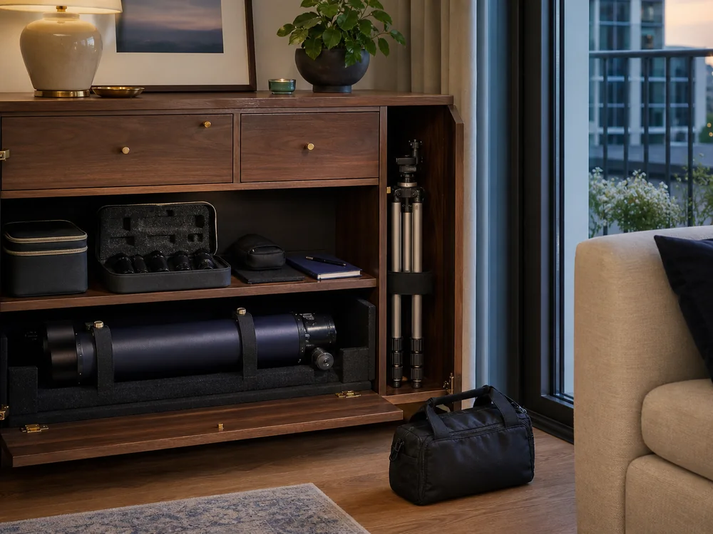 small apartment telescope storage ideas showing telescope storage cabinet